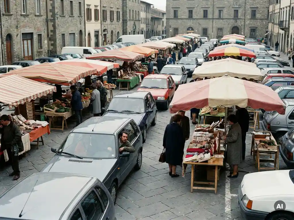 Wochenmarkt auf einem überfüllten Parkplatz in einer europäischen Altstadt mit gestreiften Markisen, frustrierte Autofahrer suchen Parkplätze.