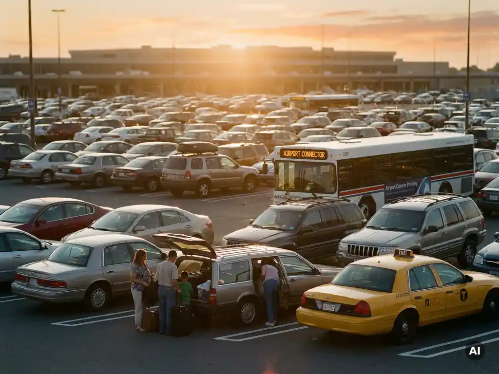 Überfüllter Flughafen-Parkplatz bei goldenem Abendlicht mit Taxis, Reisebussen und Langzeitparkern, Terminal im unscharfen Hintergrund.