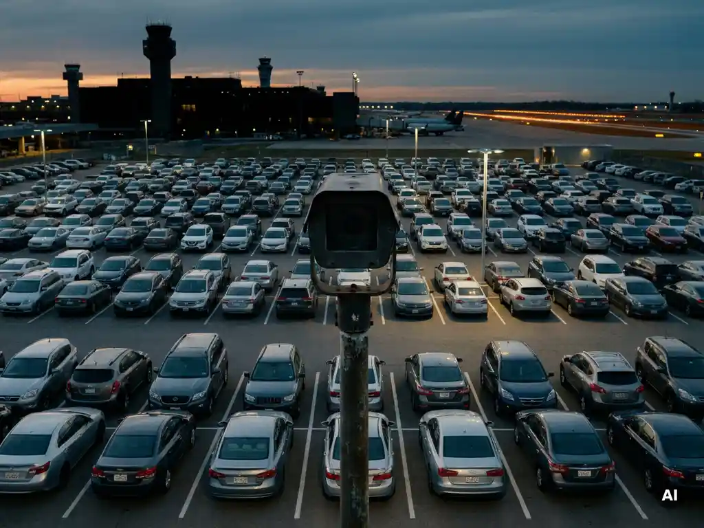 Überwachungskamera auf hohem Mast scannt Fahrzeuge mit sichtbaren Kennzeichen auf beleuchtetem Flughafen-Parkplatz bei Abenddämmerung.