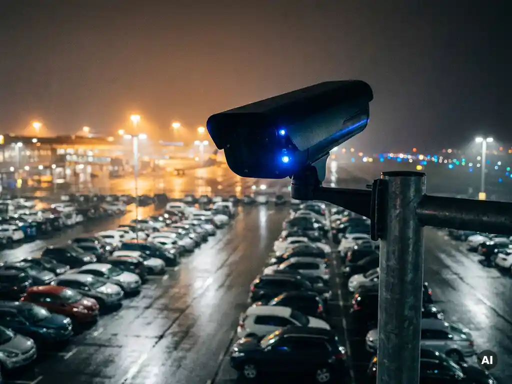 Automatische Kennzeichenerkennungskamera auf einem Mast über einem nächtlichen Flughafenparkplatz mit beleuchtetem Terminal im Hintergrund.